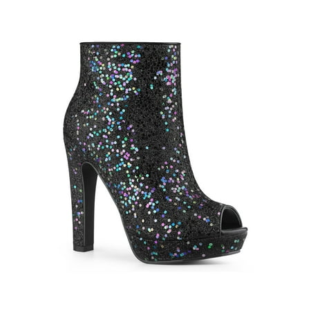 

Allegra K Women s Glitter Peep Toe Platform Block High Heel Boots