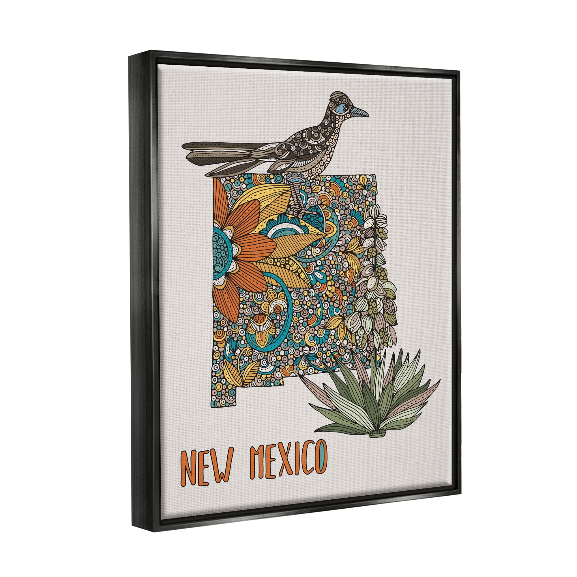 Stupell Industries Intricate New Mexico Yucca & Roadrunner Floral Bird Graphic Art Luster Gray Floating Framed Canvas Print Wall Art, Design by Valentina Harper