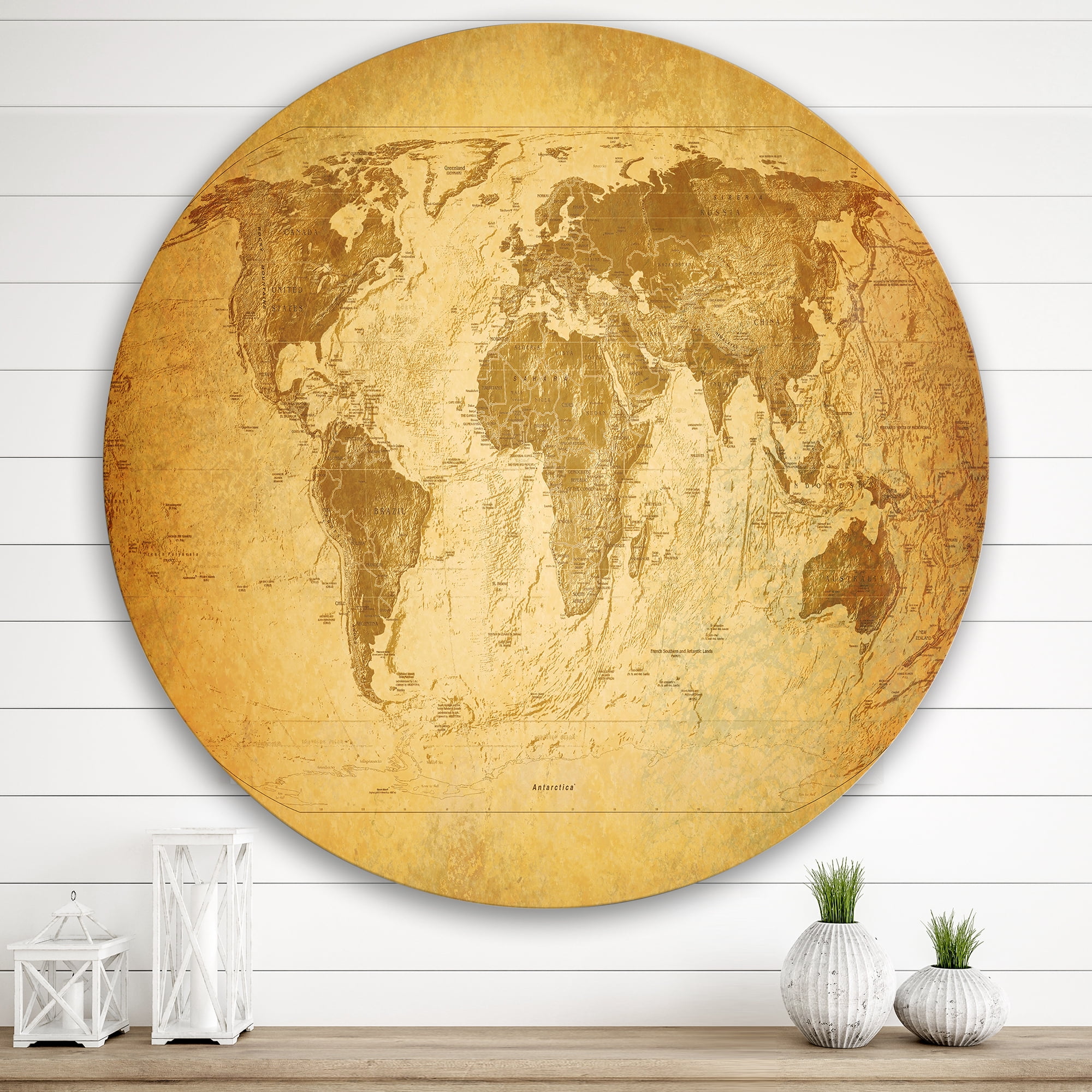 Designart 'Ancient World Map X' Vintage Circle Metal Wall Art 29x29 - Disc of 29