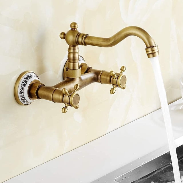 Grifo de cocina de pared con lavabo de cerámica de latón vintage con mezclador de fregadero antiguo de agua fría y caliente (antiguo)