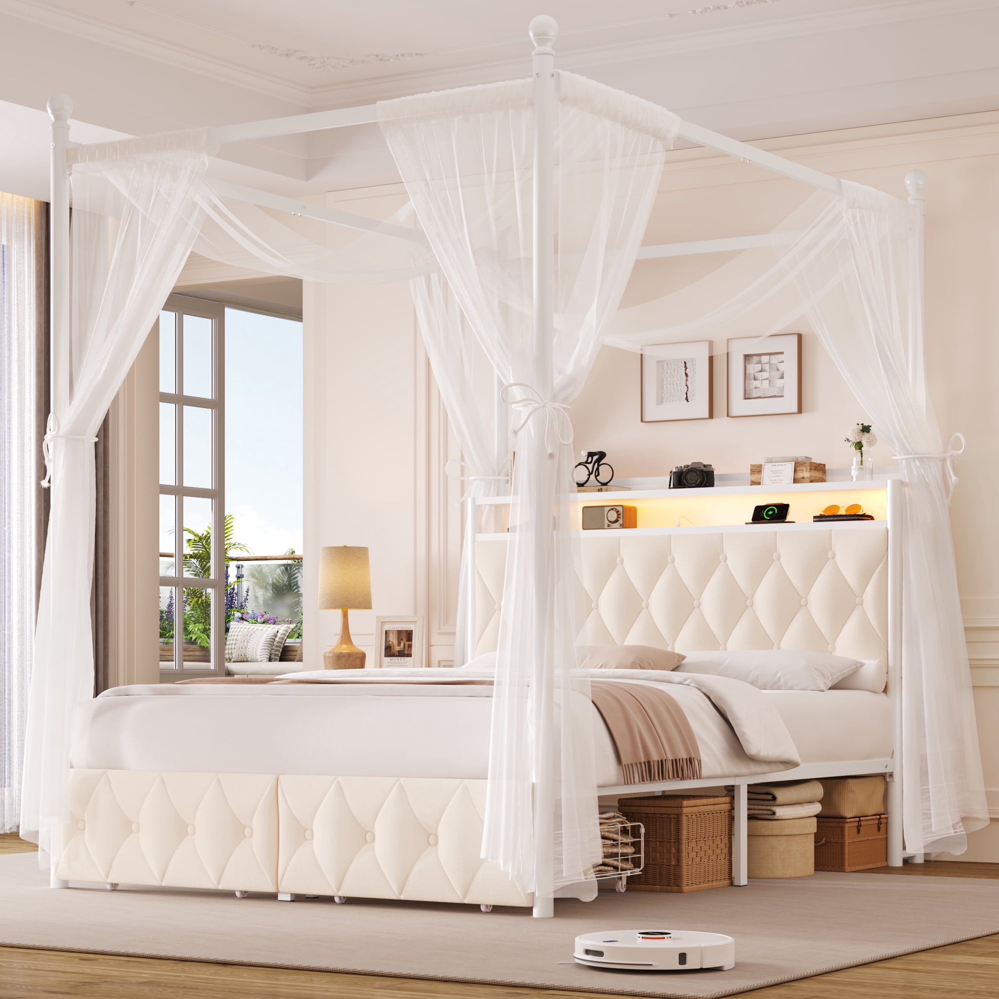 Hiphuta Full Size Upholstered Canopy Bed with Charging Station & Storage Drawer,Button Tufted Headboard with LED Light, Full Bed Frames, Beige