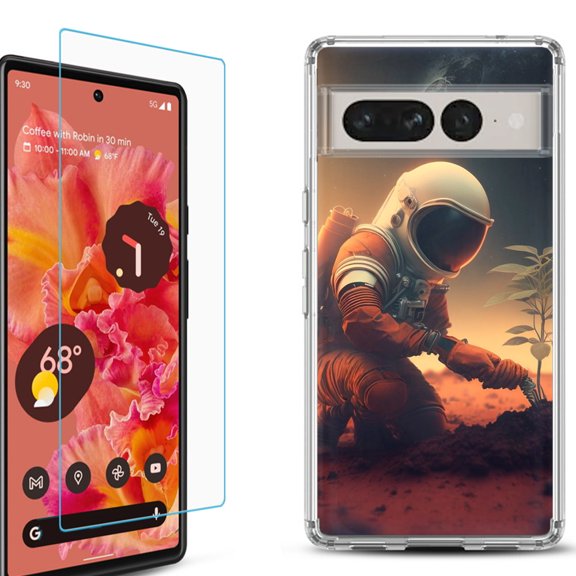 Shockproof Bumper Phone Case for Google Pixel 7, with Tempered Glass Screen Protector, by OneToughShield ® - Astronaut Planting