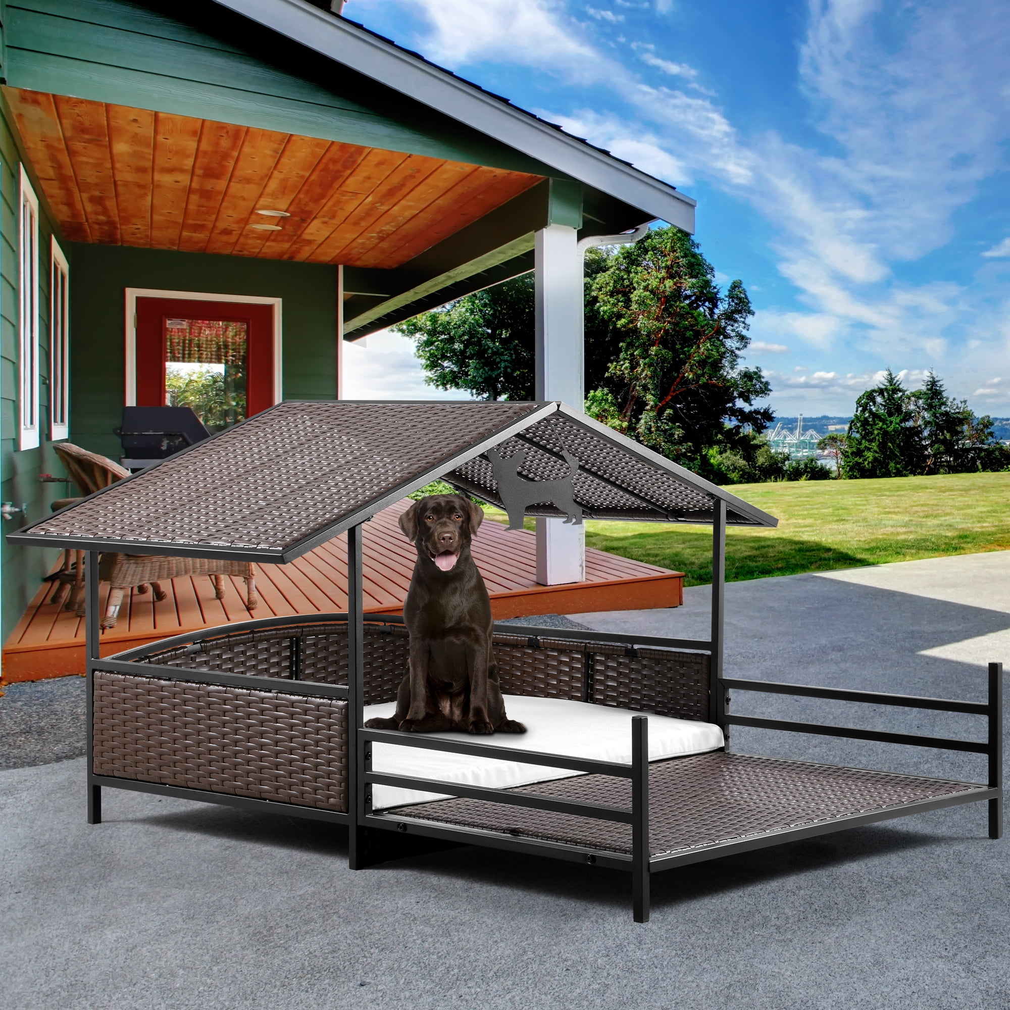 Dextrus 32.9in Outdoor Rattan Dog House with Canopy Water Resistant Dog Bed with Blue Cushion for Small Medium Large Dogs Brown Blue Walmart