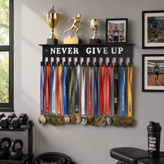 Trophy&Medal Display Shelf 12"L,Metal Wall Mount with Hooks,Bamboo Board