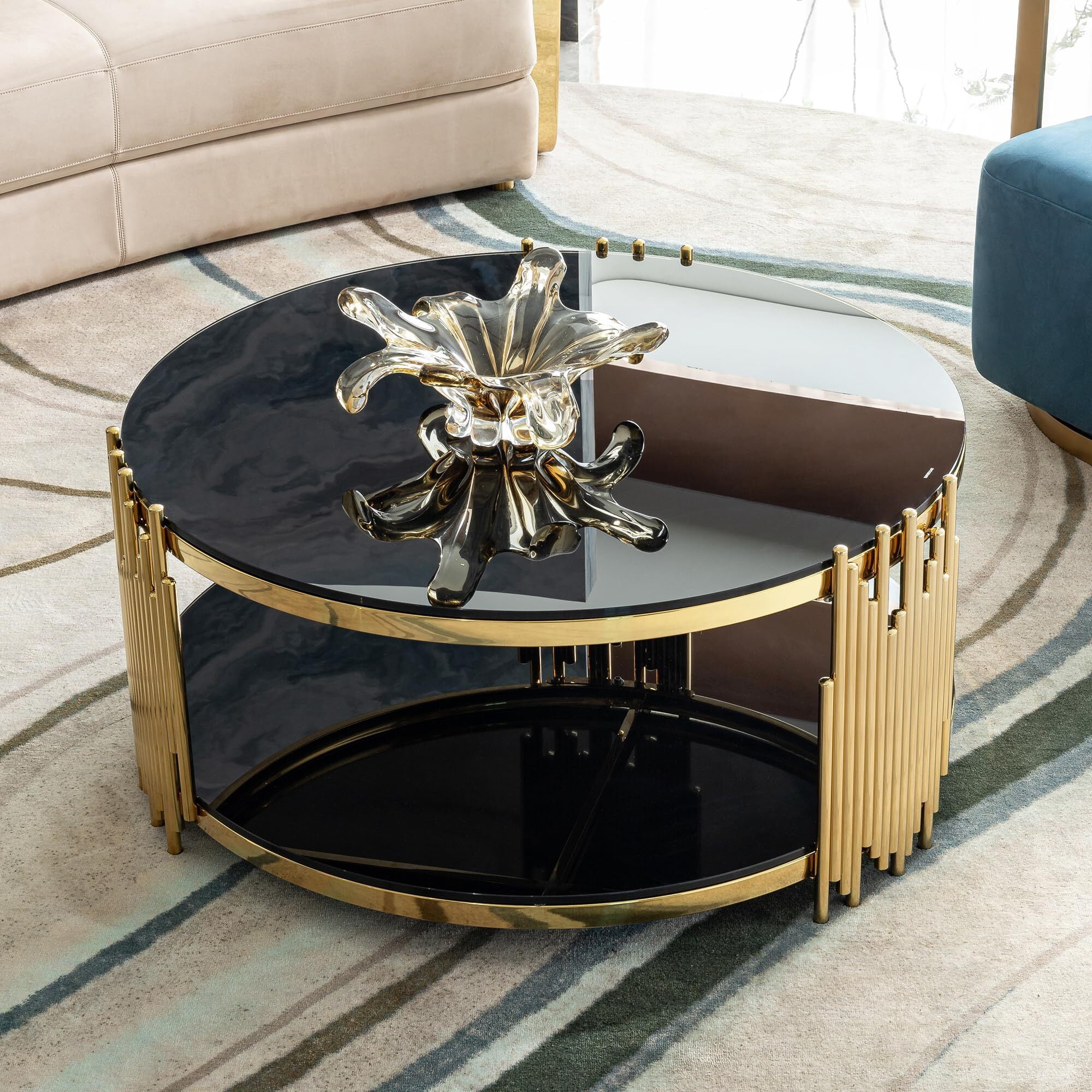 Shikeyi Modern Luxury 31.5" Round Gold Stainless Steel Coffee Table with 2-Tier Black Mirrored Tempered Glass Top, Decorative Center Accent Table for Living Room, Apartment & Home Office