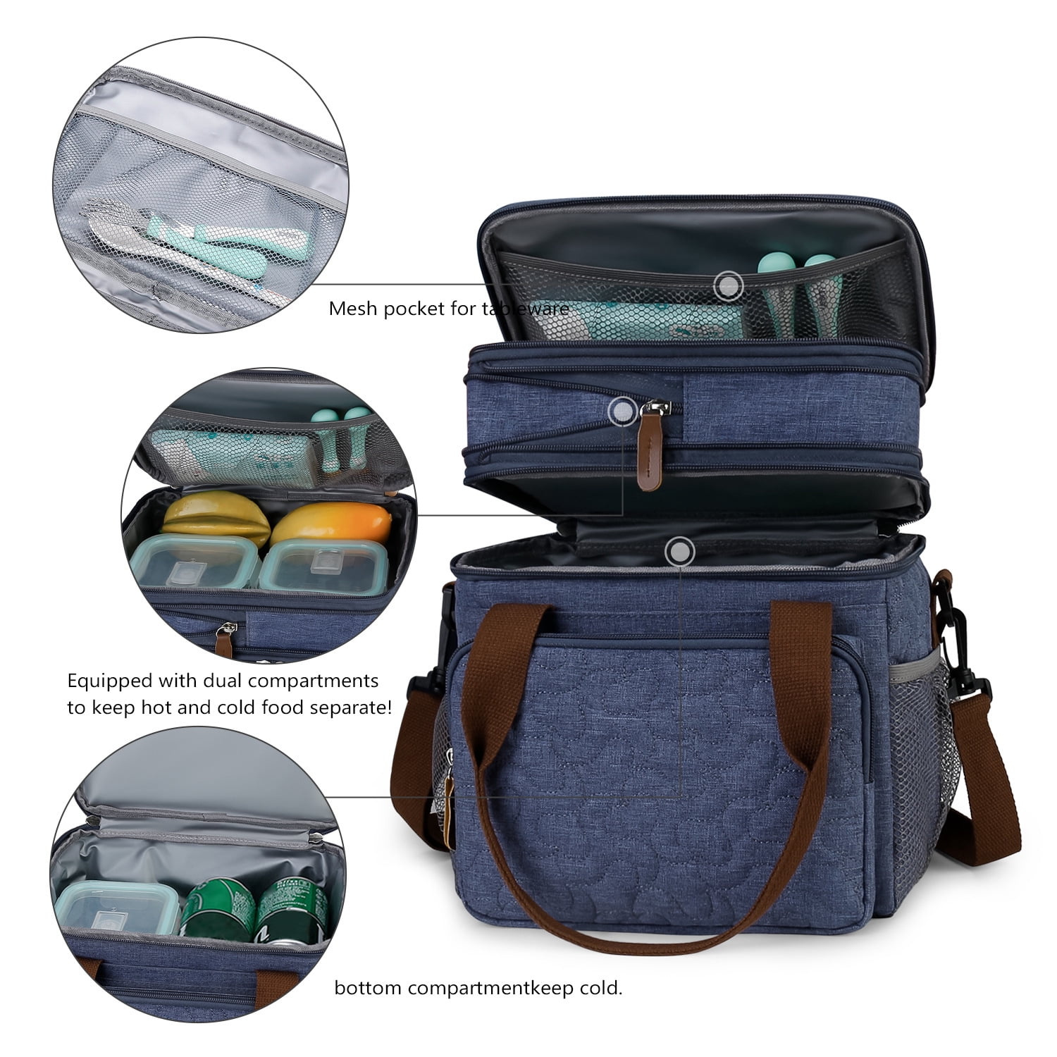 Insulated Lunch Bag Lunch Box Expandable Double Deck Cooler Bag Leakproof Side Tissue Pocket, Adjustable Shoulder Strap for Picnic Camping Hiking School Work, Blue