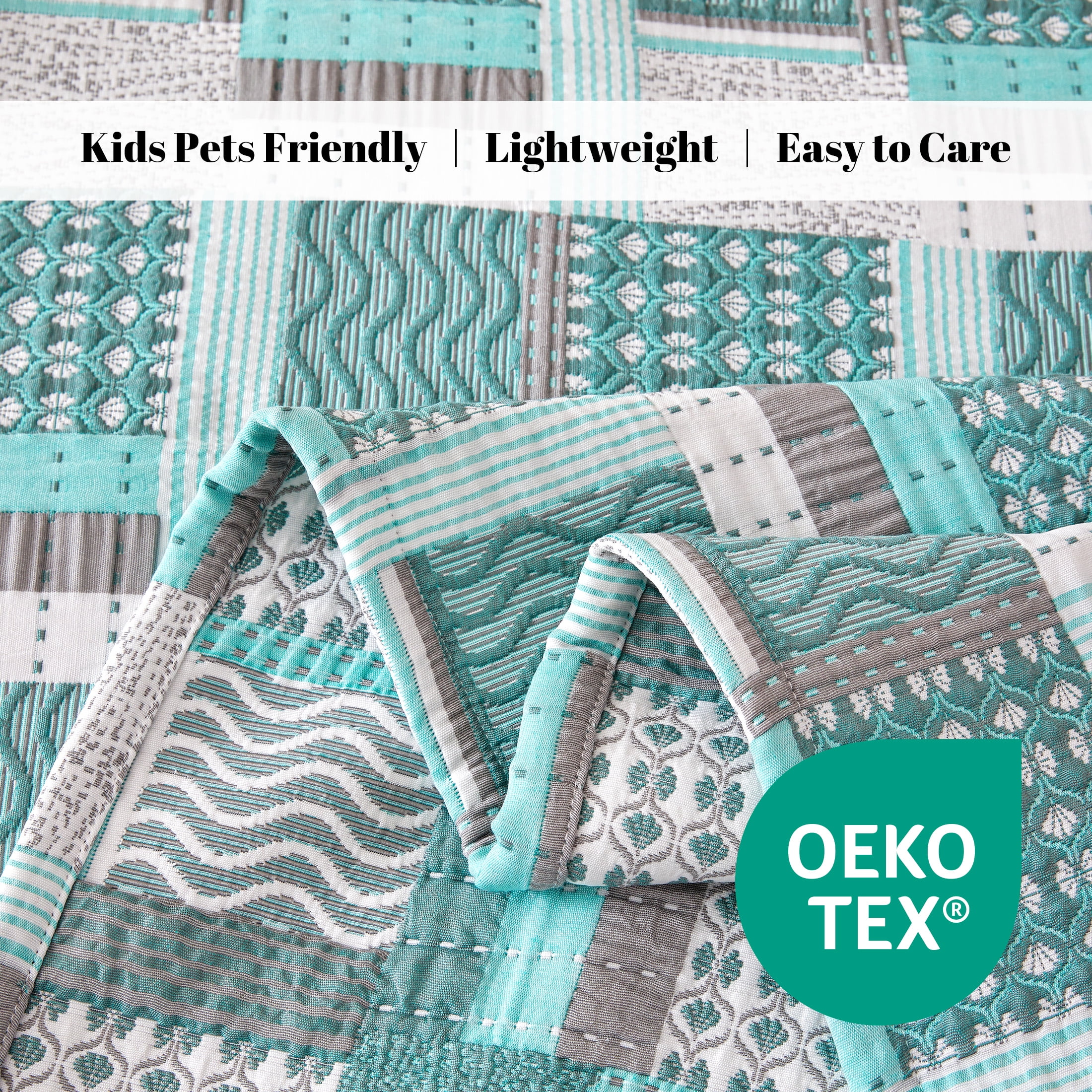 Sonive Boho Patchwork Quilt Set, Lightweight Green Pattern Microfiber Classic Quilts with 2 Pillow Shams, Full/Queen Teal