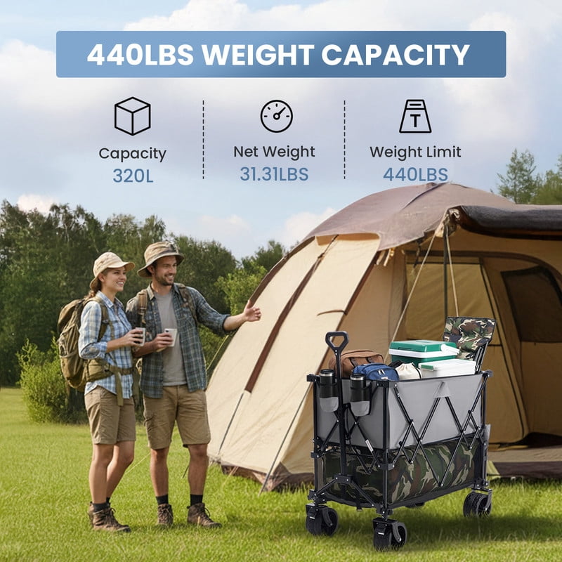 Gianna Folding Double Decker Wagon with Brakes, 54" Extra Long Extended Cart, Equipped with 7" All-Terrain Big Wheels for Camping, Sports，Gray