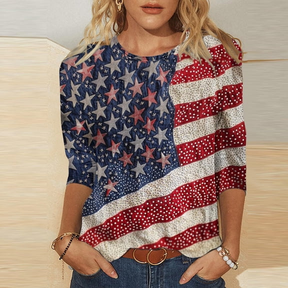 Vetsdori Red White and Blue Shirts for Women Summer Fourth of July Pullover Independence Day American Flag,3/4 Sleeve Plus Size Casual Graphic Ladies Tops Fashion