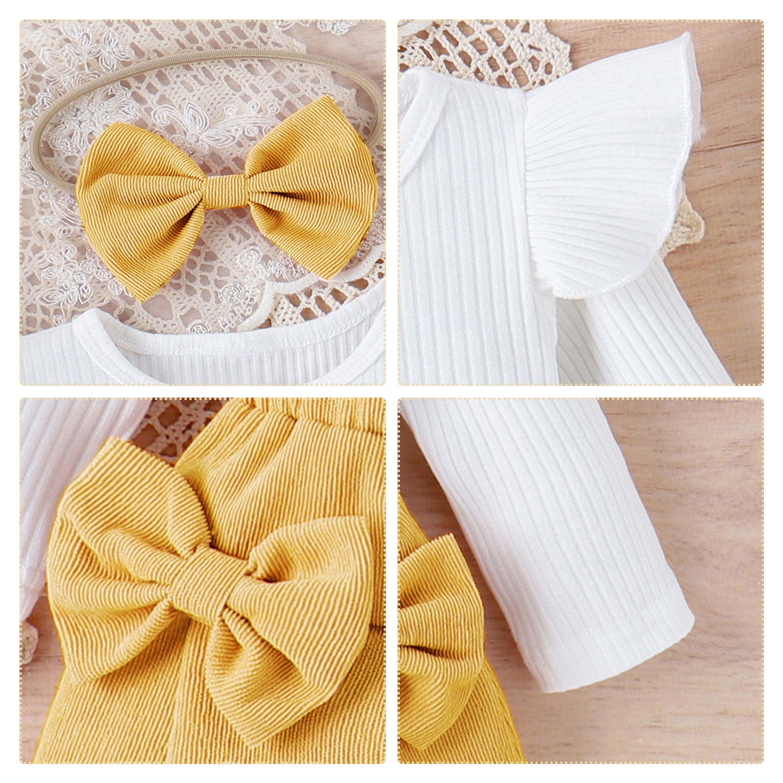 IWEMEK Toddler Girl's Outfit Crew Neck Solid White T-Shirts Casual Chic Bow Knot Yellow Short Skirts Spring Clothing 1-2Y