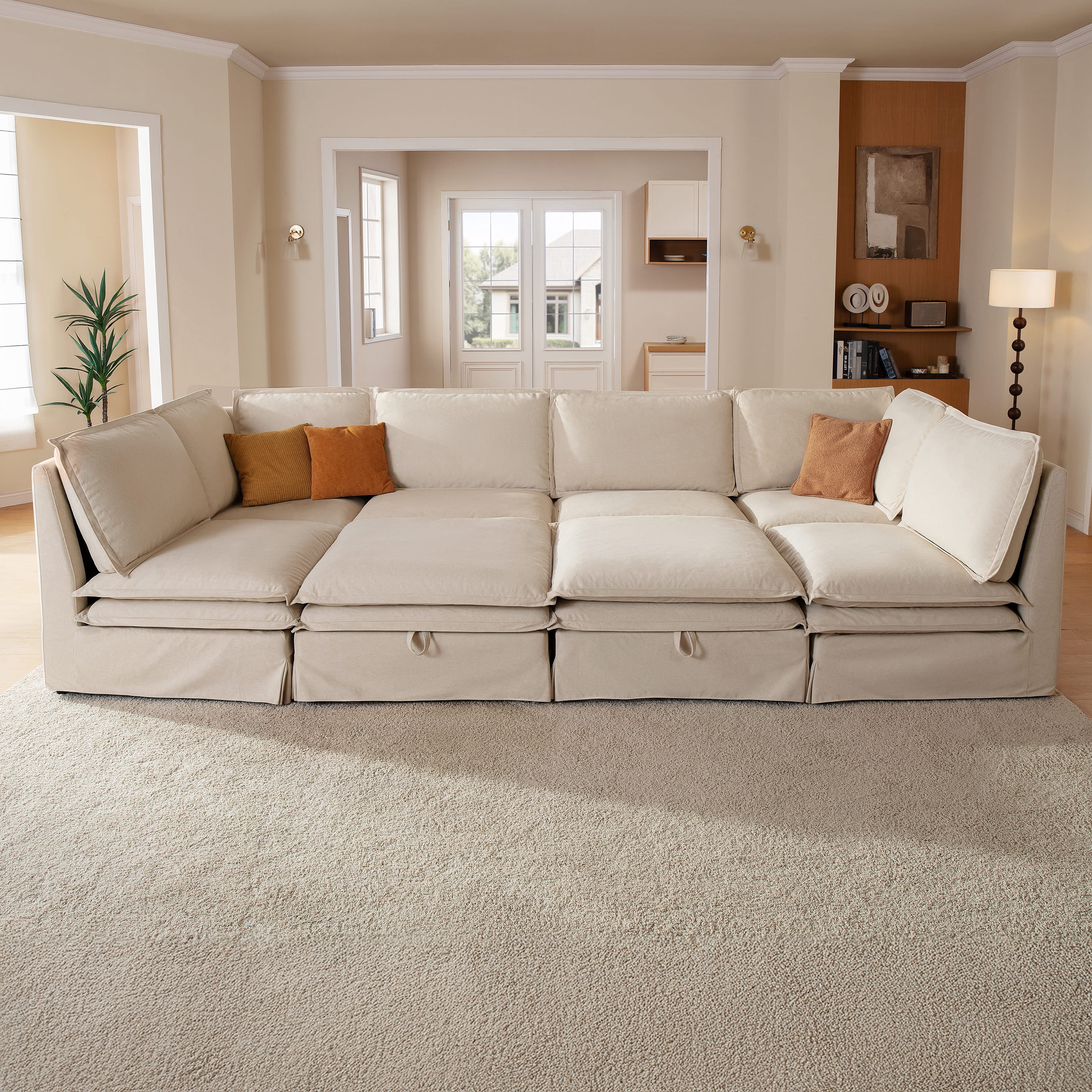 CHIC HOUSE 146.4" Modular Sleeper Sectional Sofa with Storage Ottoman, Removable Washable Slipcover, Waterproof & Pet-Scratch-Resistant, Cloud Dual-Layer Cushions, 8-Seater for Living Room, Beige