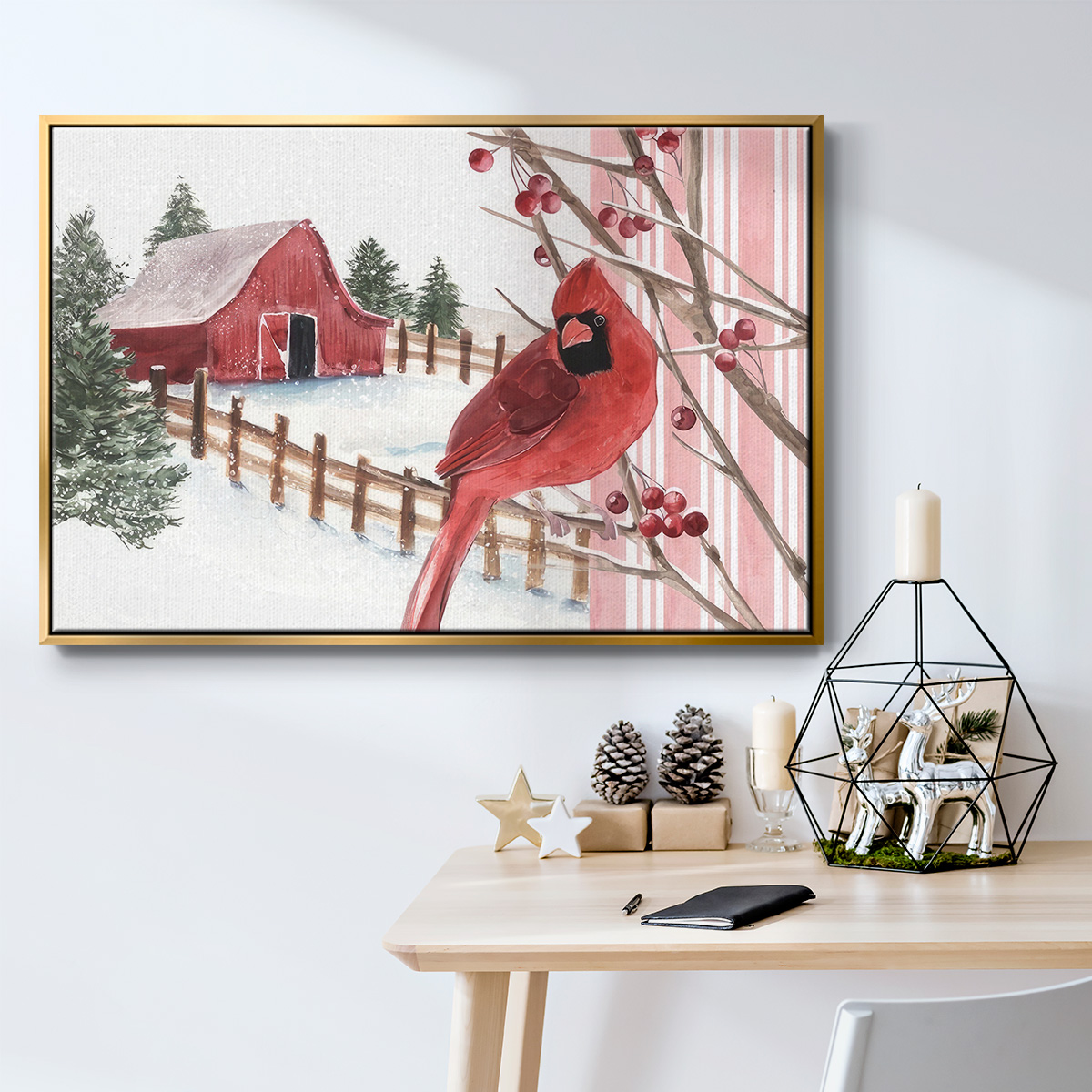Winter Cardinal Collection A - Framed Gallery Wrapped Holiday Canvas - 17 x 25 - Gold Frame