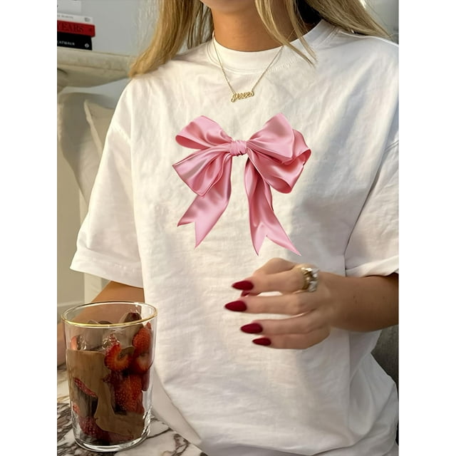 1pc Vintage Style Women'S T-Shirt with Geometric-Patterned Satin Bow, Crew Neck, Short Sleeve, Cotton Knit Fabric, Regular Length - Casual Summer Top