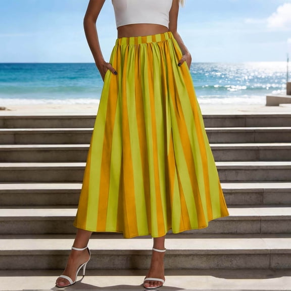 YTCAMLO Summer Women's Striped Long Skirt Casual Elastic Waisted Maxi Skirts Flowy A Line Skirts Quick Dry Beach Vacation Outfits, Orange M