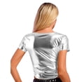 thumbnail image 2 of iEFiEL Womens Metallic Curved Hem Crop Top Short Sleeve T-shirt Rave Party Club Dance Tops Silver A XL, 2 of 7