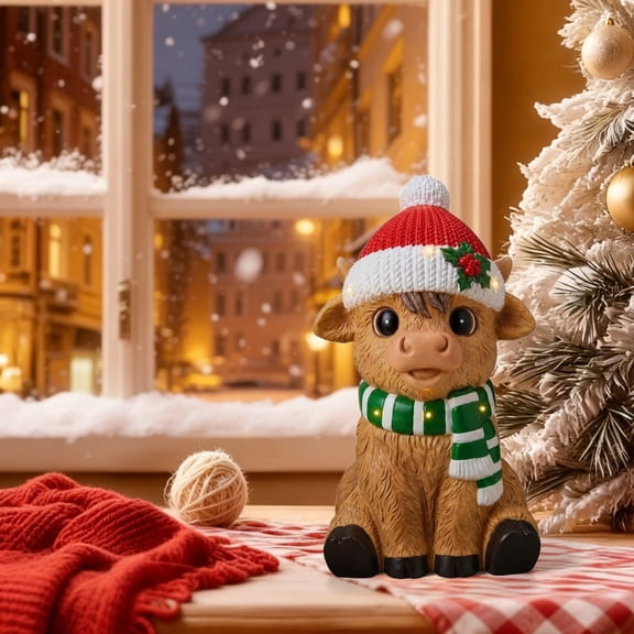 Clearance Light Up Christmas Cow Statue Resin Figurine with Santa Hat LED Lights for Indoor Outdoor Decor