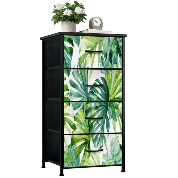 Dresser for Bedroom with 4 Storage Drawers Tropical Green Monstera Palm Leaves Watercolor Dressers Chest of Drawers Steel Framed Fabric Closet Organizers for Entryway