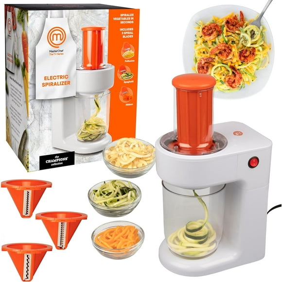 MasterChef Spiraliseur Électrique - Fabricant de Pâtes de Nouilles 3-en-1 - Pâtes Maison Faibles en Glucides, Cétogène, Véganes, Sans Gluten - Trancheuse de Zoodles, Courgettes et Légumes et Trémie TG (avec Guide de Recettes Gratuit)