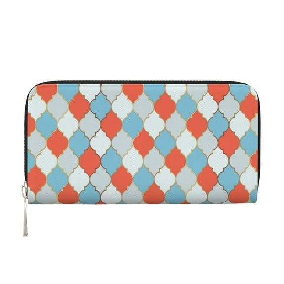 Leather Zipper Pocket Hand Wallet For Women And Men Travel Leather Purse Large Capacity Credit Card Holder Moroccan Plaid Blue Orange