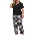 thumbnail image 5 of Sherrylily Women Plus Size Pajamas 2 Piece Set V-Neck Short Sleeve T Shirt Plaid Lounge Pants Sleepwear, 5 of 7