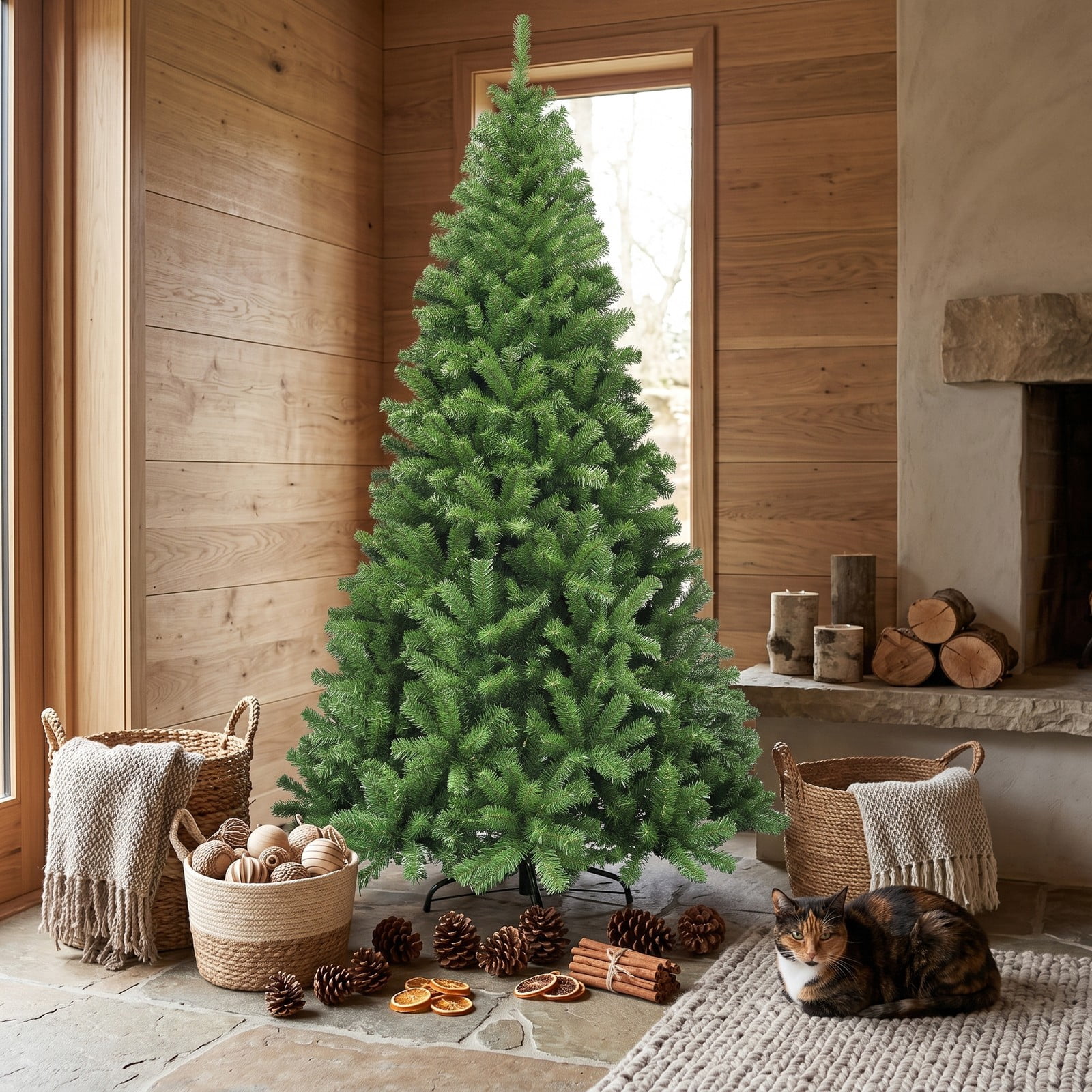 RUIE 7.5 ft Artificial Christmas Tree Premium Hinged PVC Xmas Pine Tree with 1346 Branch Tips and Sturdy Metal Stand for Indoor Holiday Decoration, Green