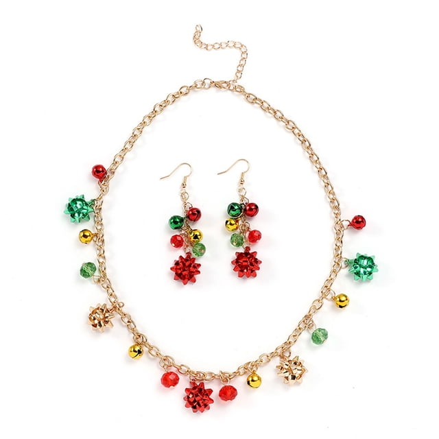 Bijoux de Noël Cadeaux pour Femmes Ensemble Collier Boucles d'Oreilles Cloche Collier Boucles d'Oreilles Nœud de Noël Boucles d'Oreilles Rouges Vertes Perlées Xmas Ensemble de Boucles d'Oreilles en Nœud Bas de Noël