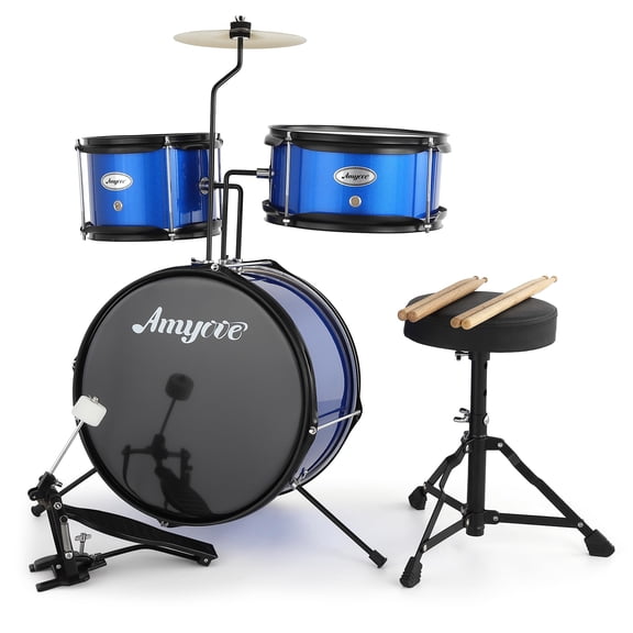 Senfot Drum Set, 1 Wood/Metal AD-100 Three Drums Set, Beginner Set Includes Bass, 2 Toms, Cymbal, Sticks, Bass Pedal and Stool, Percussion Musical Instrument Birthday Playsetl (Blue, 3-Piece)