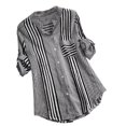 thumbnail image 1 of Women Plus Size Three Quarter Striped Print V-Neck Loose Fit Top T-Shirt Blouse, 1 of 5