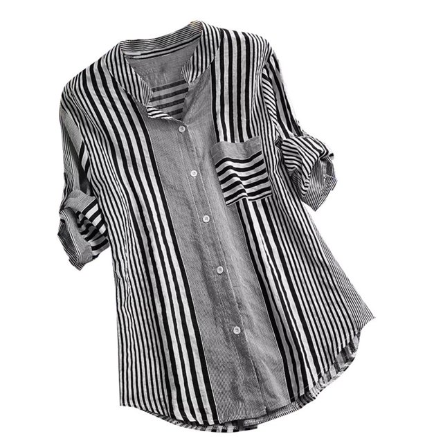 Women Plus Size Three Quarter Striped Print V-Neck Loose Fit Top T-Shirt Blouse