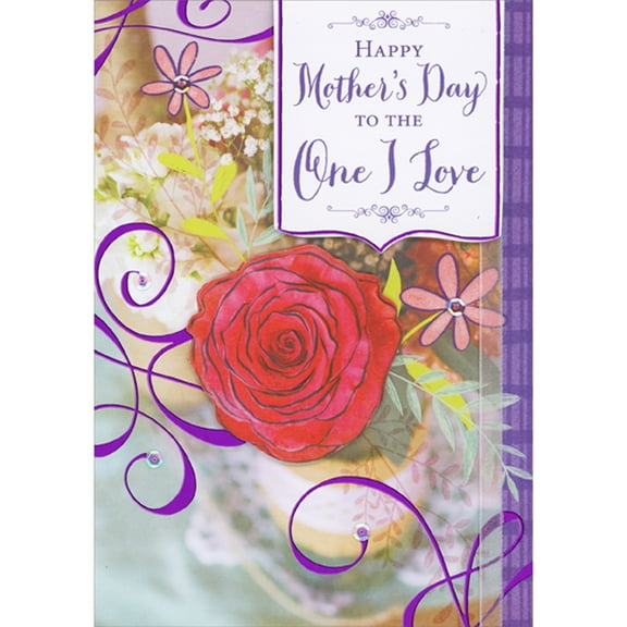 Designer Greetings Red 3D Rose, 3D Banner, Ribbon, Sequins and Purple Swirls on Floral Background Hand Decorated Mother's Day Card for the One I Love