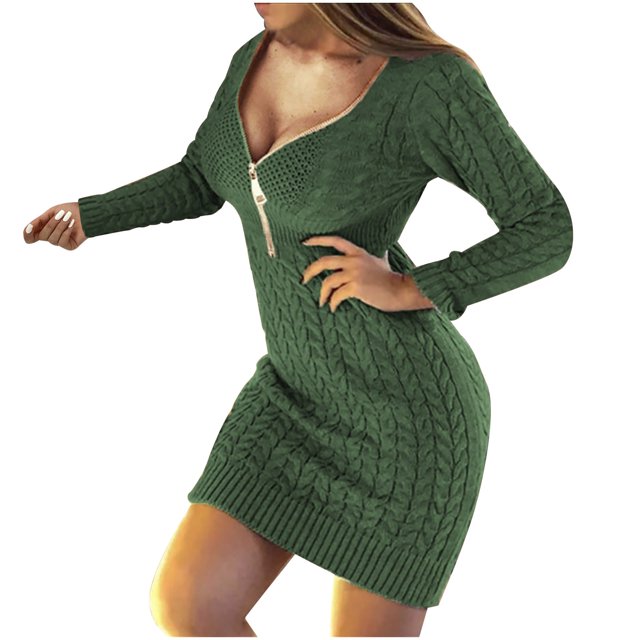 QIPOPIQ Robes pour Femmes pour Invité de Mariage Fête Manches Longues Hiver Couleur Unie Robe d'Été Tricotée Manches Longues Demi-Zip Col en V Offres 2023