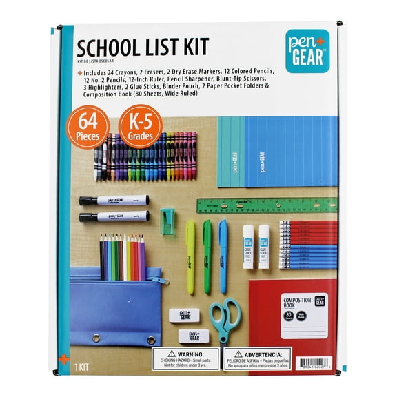 Pen+Gear School Supply Kit, 64 Pieces, Grades K-5, Back to School Essentials