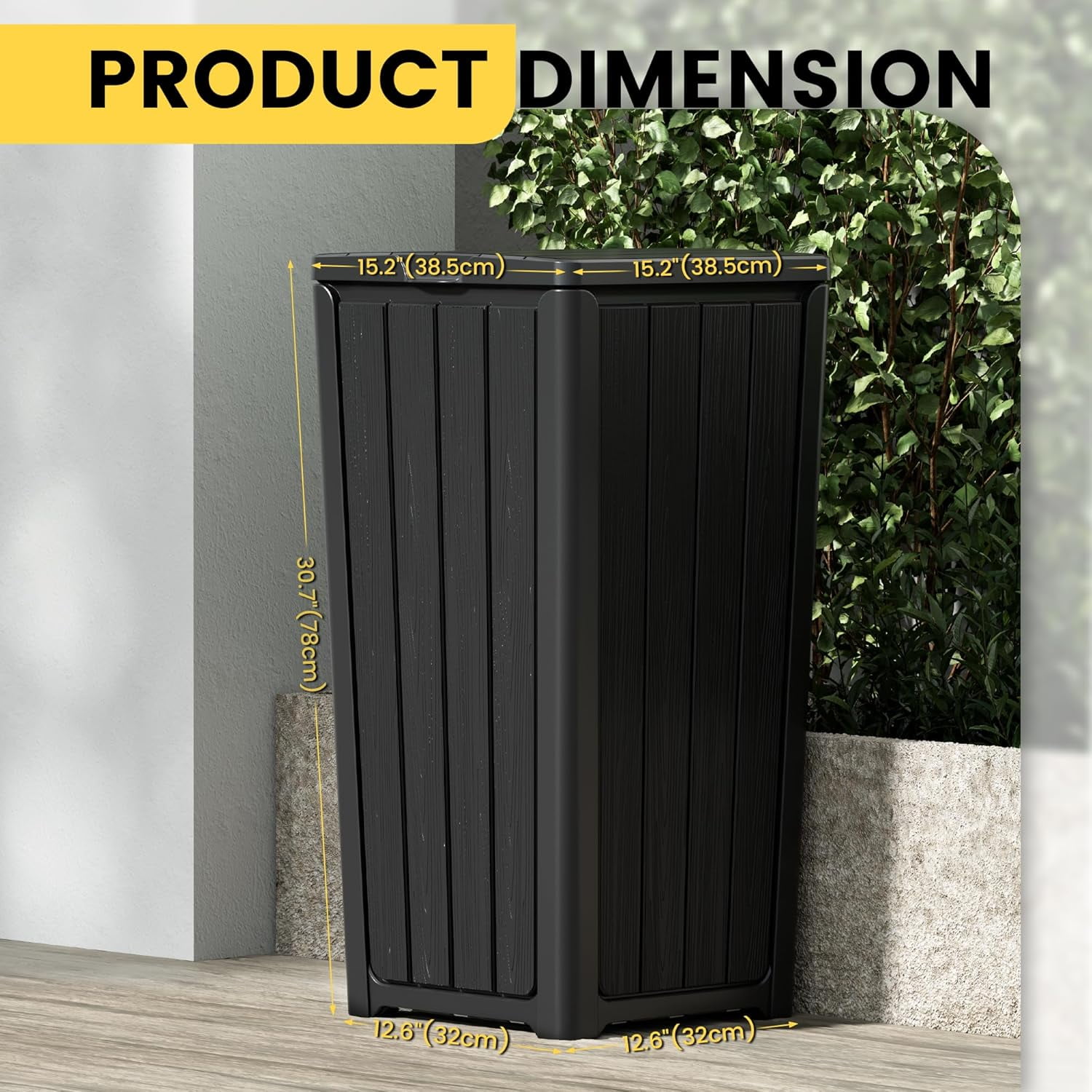23 Gal Outdoor Resin Trash Can with Tiered Lid – Waterproof Garbage Bin for Patio, Kitchen & Backyard – 15.2×15.2×30.7 in, Easy Install