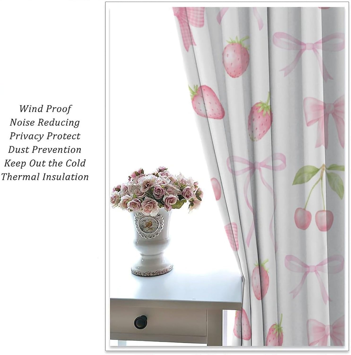 Cute Pink Bow Curtains, Watercolor Aesthetic Pink Strawberries Cherries Pastel Ribbon Bow Rod Pocket Window Drapes Treatments for Girls Children''s Bedroom, 63" W X 63" L