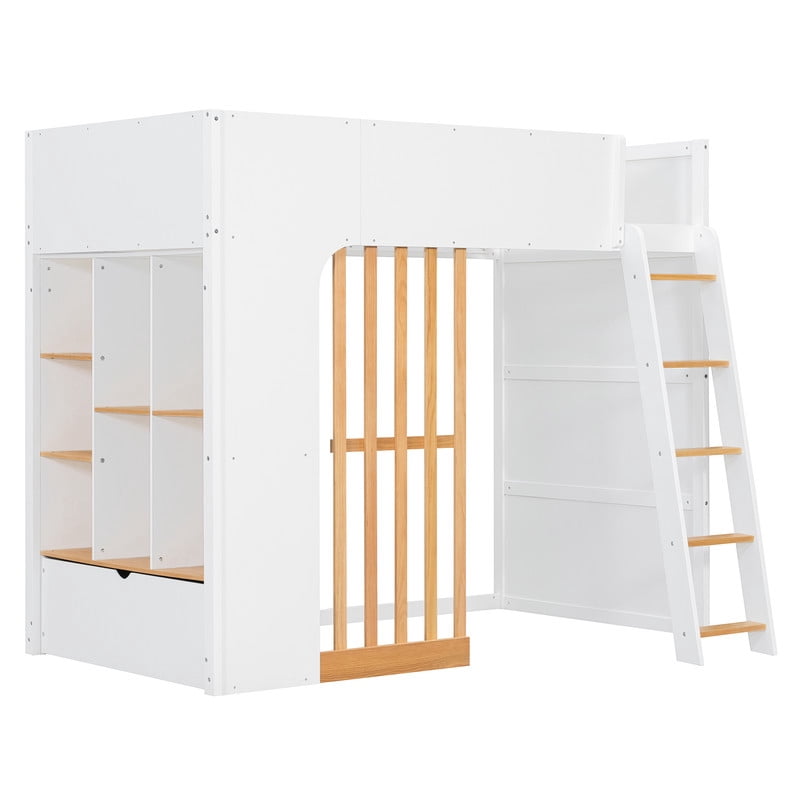Twin Size Kids Loft Bed with Shelves, Wooden High Profile Teens Storage Bed Frame with Ladder and Removable Large Drawer