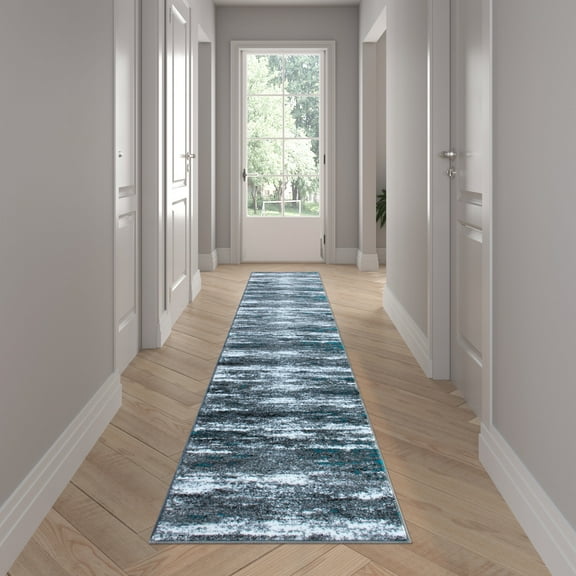 Emma Oliver 2'x11' Scraped Look Accent in Turquoise, Gray, Black & White with Natural Jute Backing for Hallway, Entryway & More