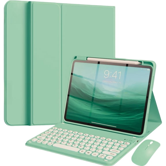 Mint Green Slim Candy Color Round Key Keyboard Case with Detachable Bluetooth Keyboard, Apple Pencil Holder & Wireless Mouse for iPad 11-inch (A16 2025) / iPad 10th Generation
