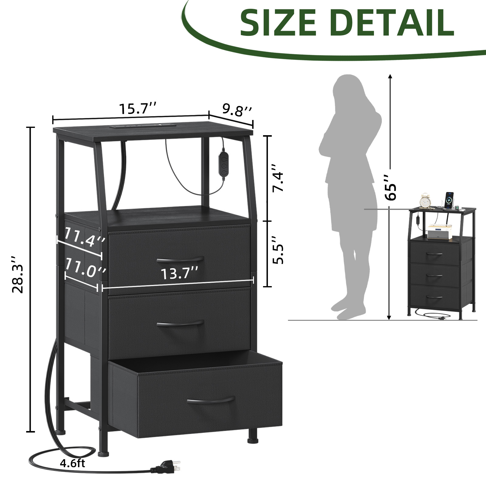 Eunos Black Nightstand with Charging Station and LED photo 3