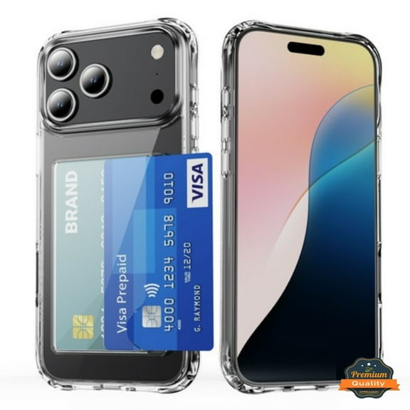 Xpression Phone Case For Apple iPhone 17 Pro Acrylic TPU Clear Case Hold 2 Credit Card Slots, Slim Protective Wallet Cover Silicone Hybrid Cover, Clear