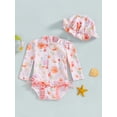 thumbnail image 4 of BemeyourBBs Toddler Baby Girl Swimsuit Infant Bathing Suit One-Piece Swimsuits with Sun Hat Set Long Sleeve Rash Guard Swimwear Strawberry Floral Zipper Summer Beach Wear, 4 of 9