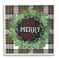 Stupell Industries Merry Sentiment Winter Pine Wreath Green Christmas Plaid, 17 x 17,Design by Jennifer Pugh