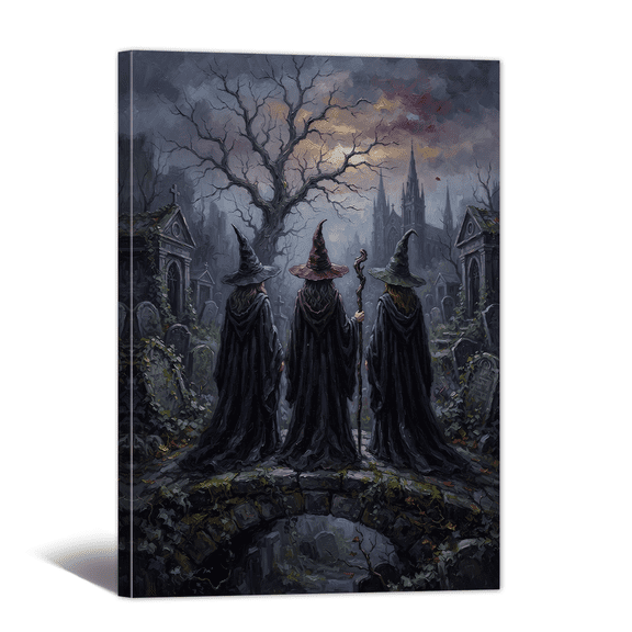 Halloween Canvas Wall Art with Spooky Witches and Castle Picture Print, Vintage Dim Scene Gothic Artwork Painting for Living Room Bedroom Home Office Decor