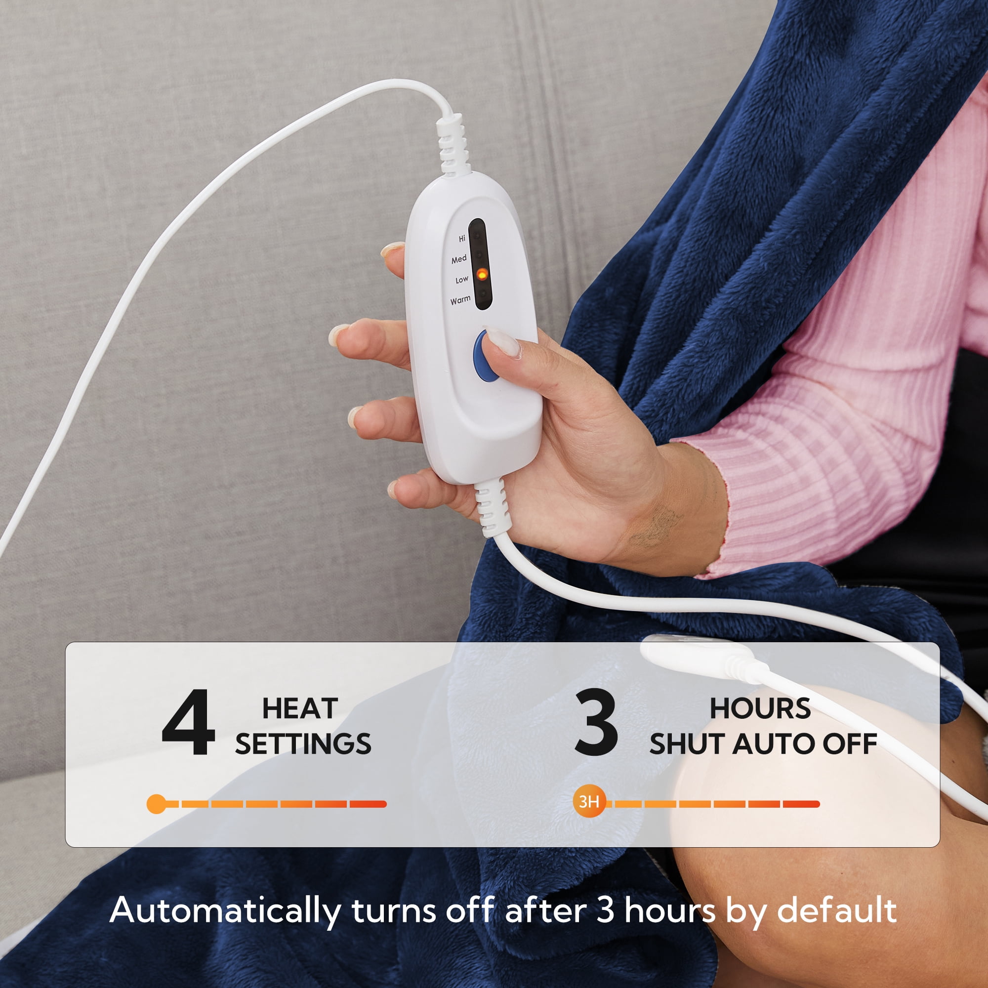 SUNNY HEAT Electric Heated Blanket 50'' x 60'', Soft and Lightweight Plush Double-Sided Flannel Electric Blanket, Navy