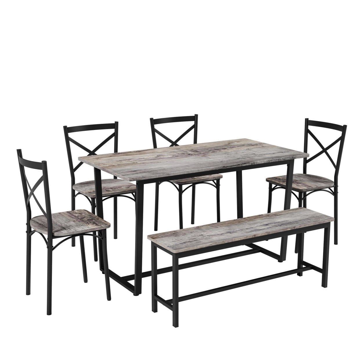 6 Piece Dining Table Set with 4 Chairs and Bench, Kitchen Table Set for 6, Industrial Dining Room Furniture with Metal Frame for Breakfast Nook, Living Room, Gray