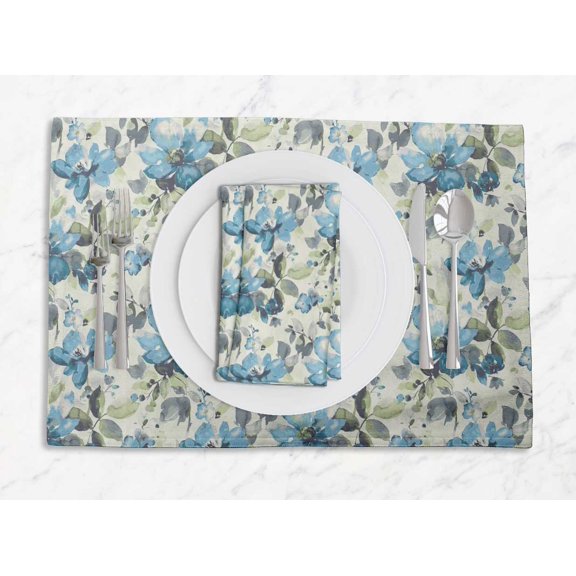 S4Sassy Blue Leaves & Magnolia Floral Washable Placemats & Napkins Table Decor Dining Mats