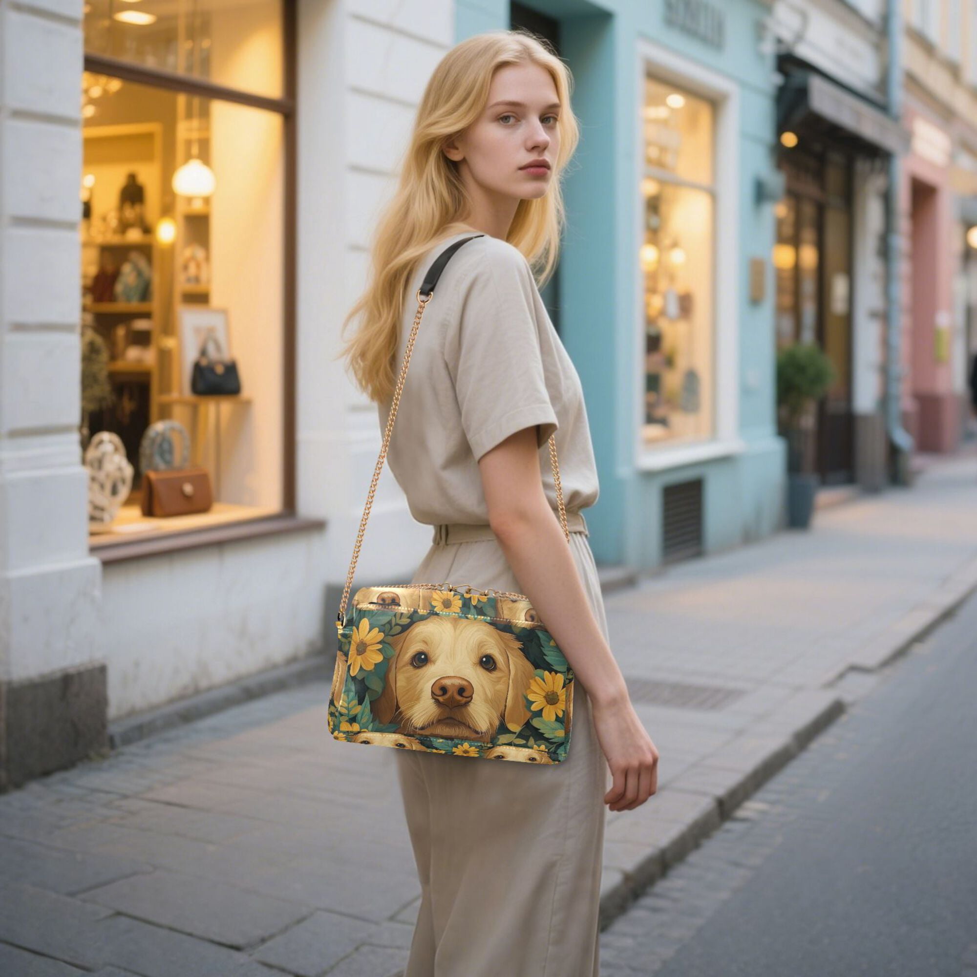 FORMRS Women Crossbody Purse with Chain Strap Vegan Leather Shoulder Handbag, Flowers and Dog
