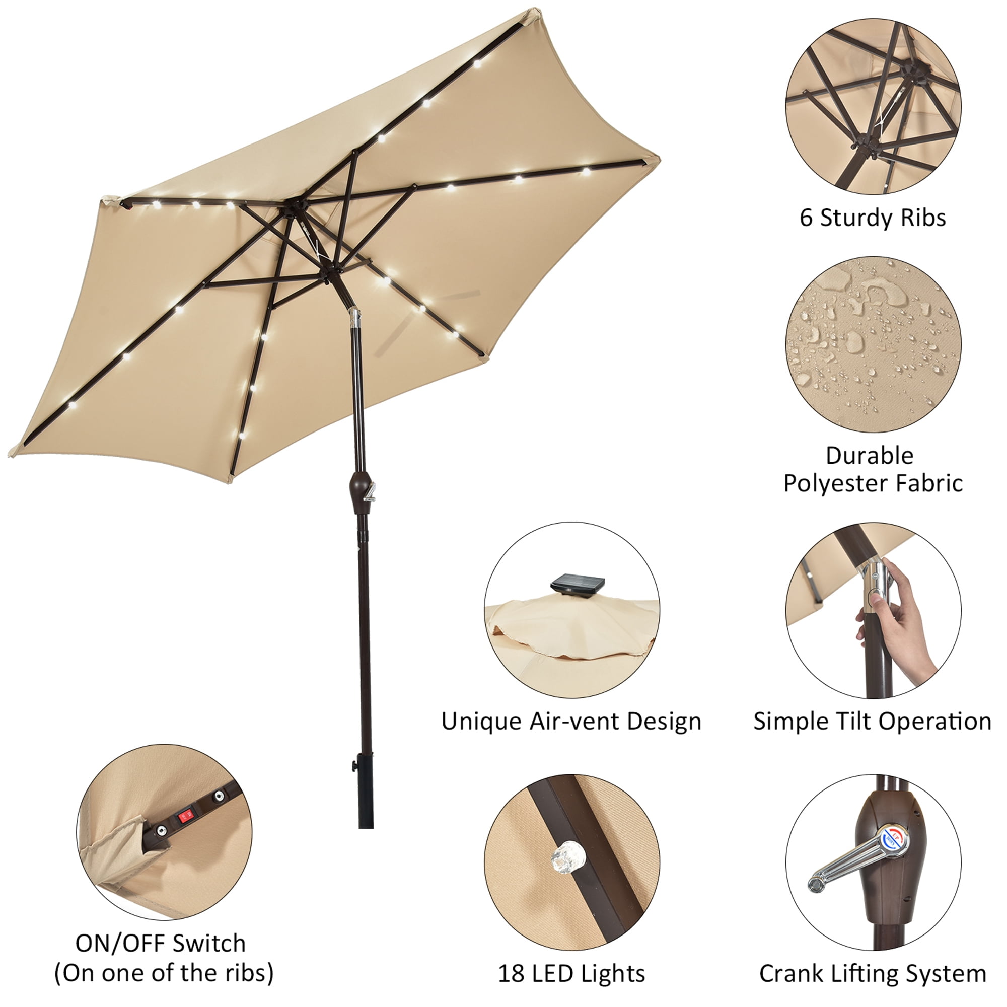 Gymax 9 ft Patio Table Market Umbrella Yard Outdoor w/ Solar LED Lights Beige