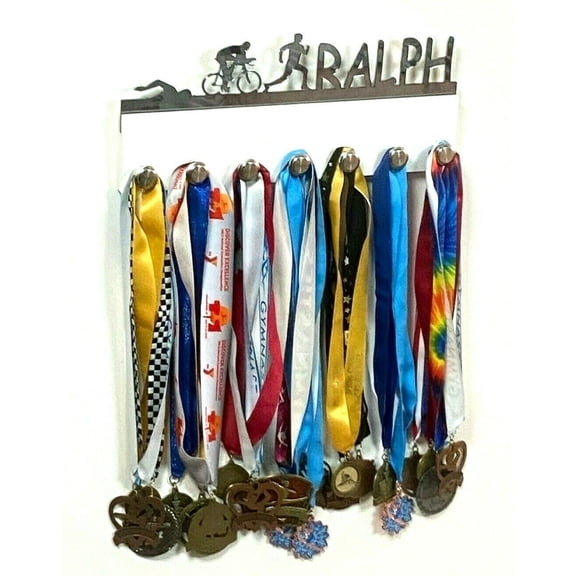 Custom Personalized Name Triathlon Multisport Swim Run Bike Medal Holder, Awards Display Organizer Wall Decor Rack With Hooks for 60  Medals, Ribbons, Sports, Made To Order With Your Name On It.