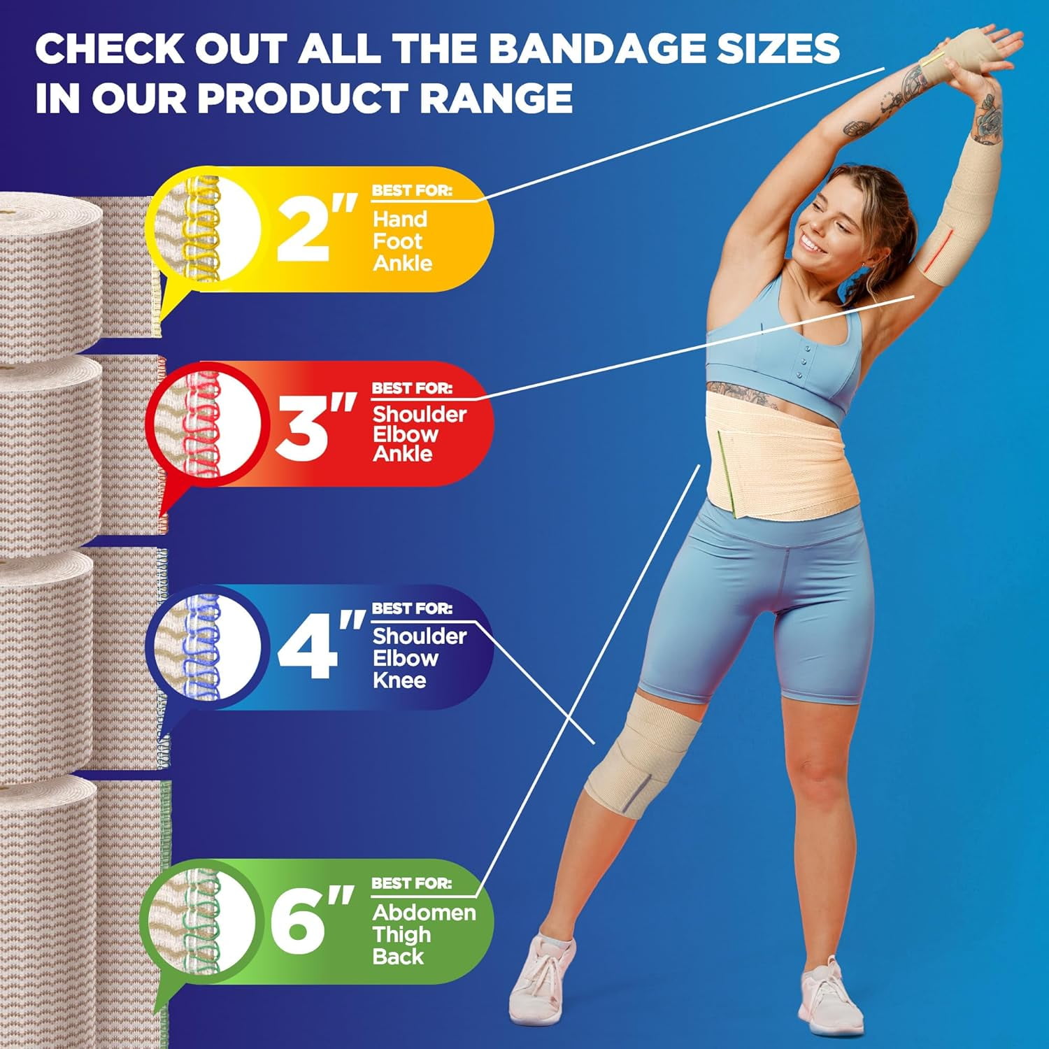 Premium Elastic Bandage Wrap - 6pk (2x2", 2x3", 2x4") - Strong Self-Closing Compression Bandage Wrap