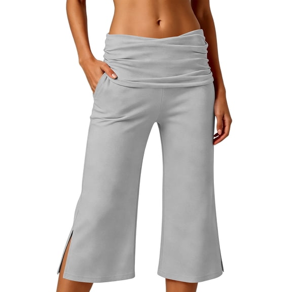 VNKIDY Womens Ruched Foldover Waistband Capri Pants With Side Slits Stretchy Casual Wide Leg Fit Trousers For Yoga Practice Daily Errands Versatile Pants